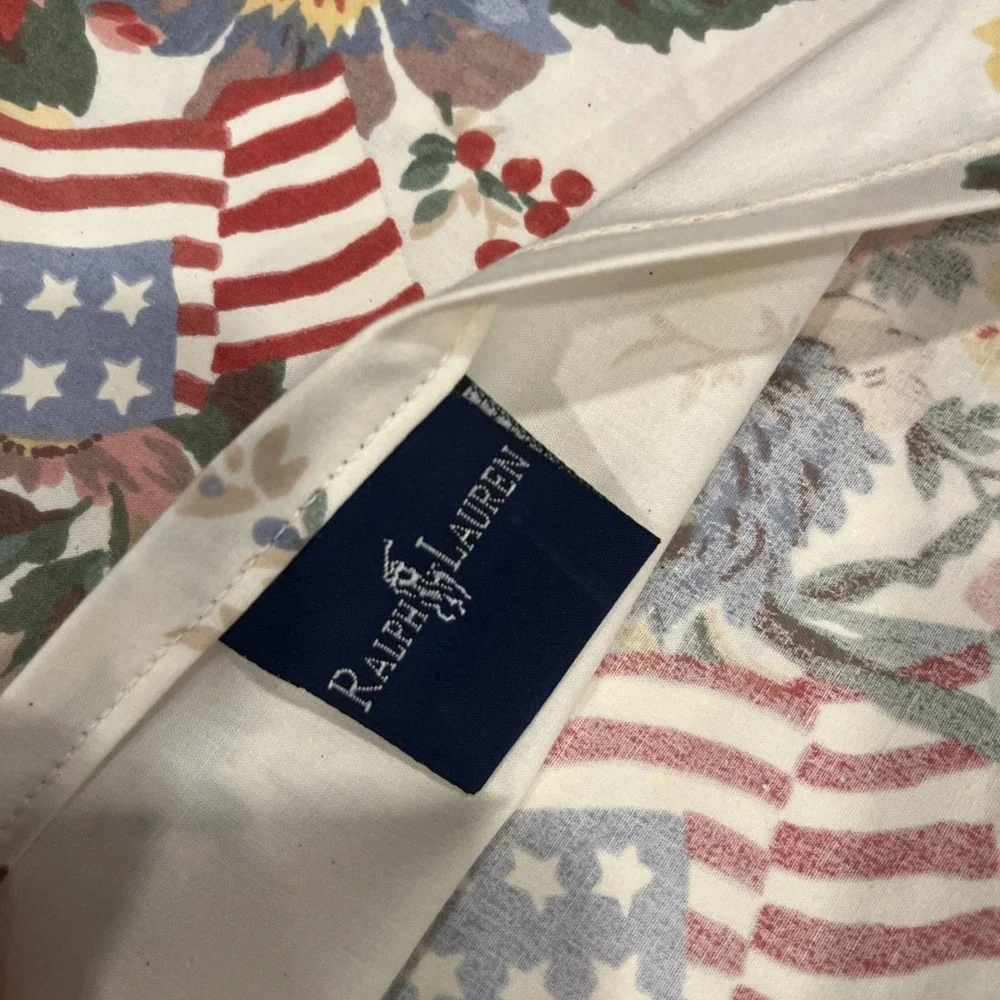 Vintage Ralph Lauren Dylan's Grove QUEEN Flat Sheet RUFFLED Floral Flags